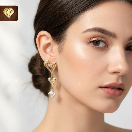 Gold-Plated Double Heart Drop Earrings – Romantic CZ Stone Dangle