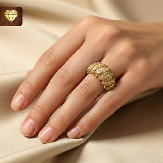 Gold-plated dome cocktail finger ring with layered AD (American Diamond) CZ stones for women