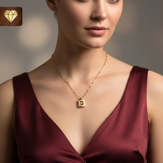 Gold-plated perfume bottle pendant necklace with solitaire and AD (American Diamond) CZ stones for women