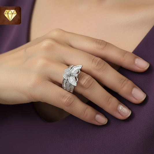 Silver butterfly finger ring with AD (American Diamond) CZ baguette and pave stones for women