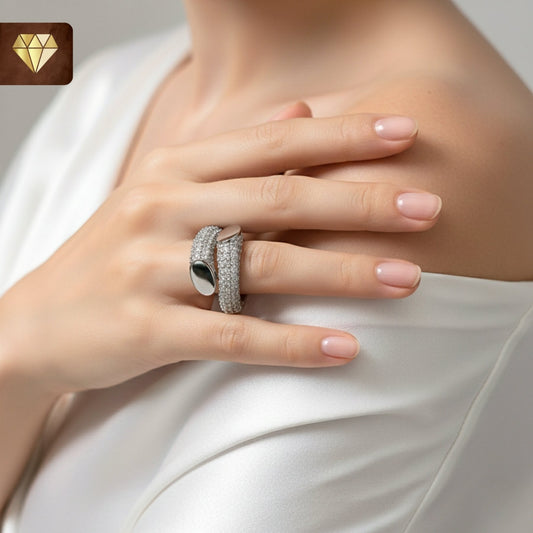 Silver wrap bypass finger ring with CZ stones and leaf oval designer tips for women