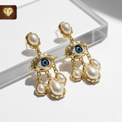 Evil Eye Statement Drop Earrings with Surreal Baroque Style Pearls