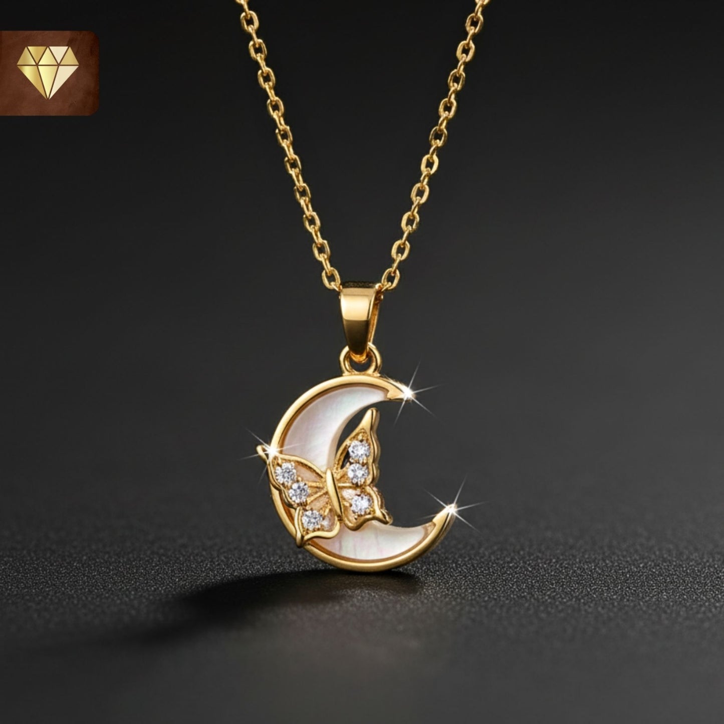 Crescent Moon & Butterfly Pendant Necklace with Sparkling CZ Stones