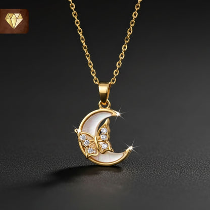 Crescent Moon & Butterfly Pendant Necklace with Sparkling CZ Stones