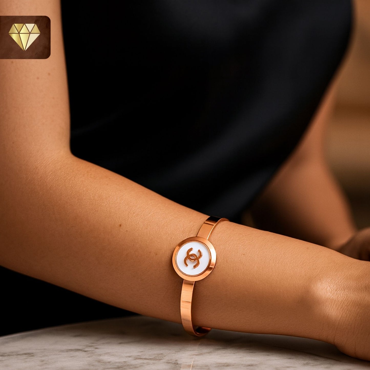 Rose Gold-Plated Minimalist Kada Bracelet with Enamel Round