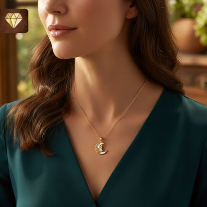 Crescent Moon & Butterfly Pendant Necklace with Sparkling CZ Stones