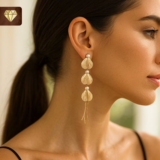 Fan Shell Pearl Gold Tassel Earrings - Nature Inspired Boho Chic