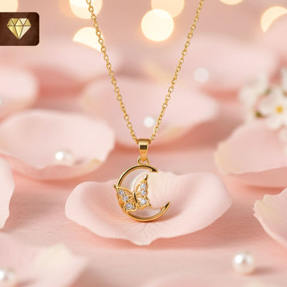 Crescent Moon & Butterfly Pendant Necklace with Sparkling CZ Stones