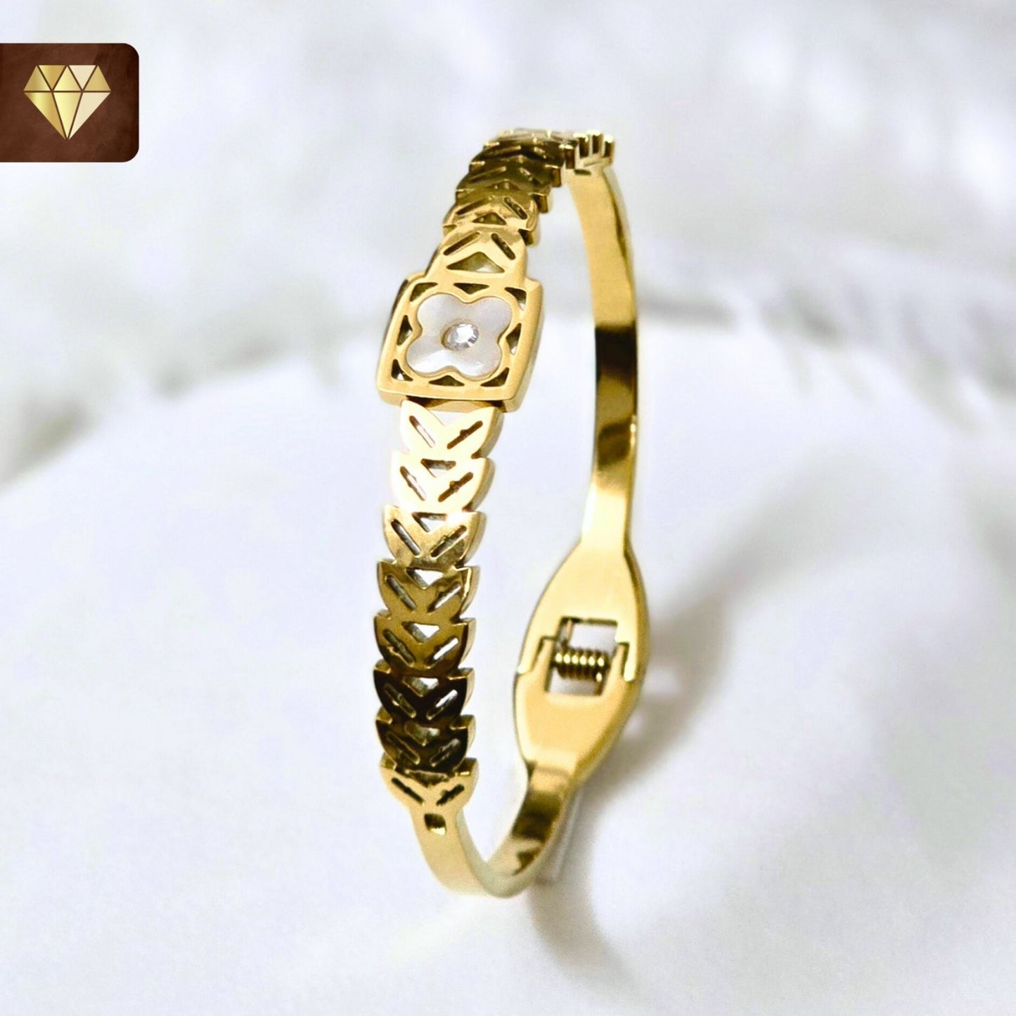 Enchanting 22K Gold Kada Bracelet with Leaf & Pearl Motif