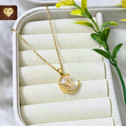 Crescent Moon & Butterfly Pendant Necklace with Sparkling CZ Stones
