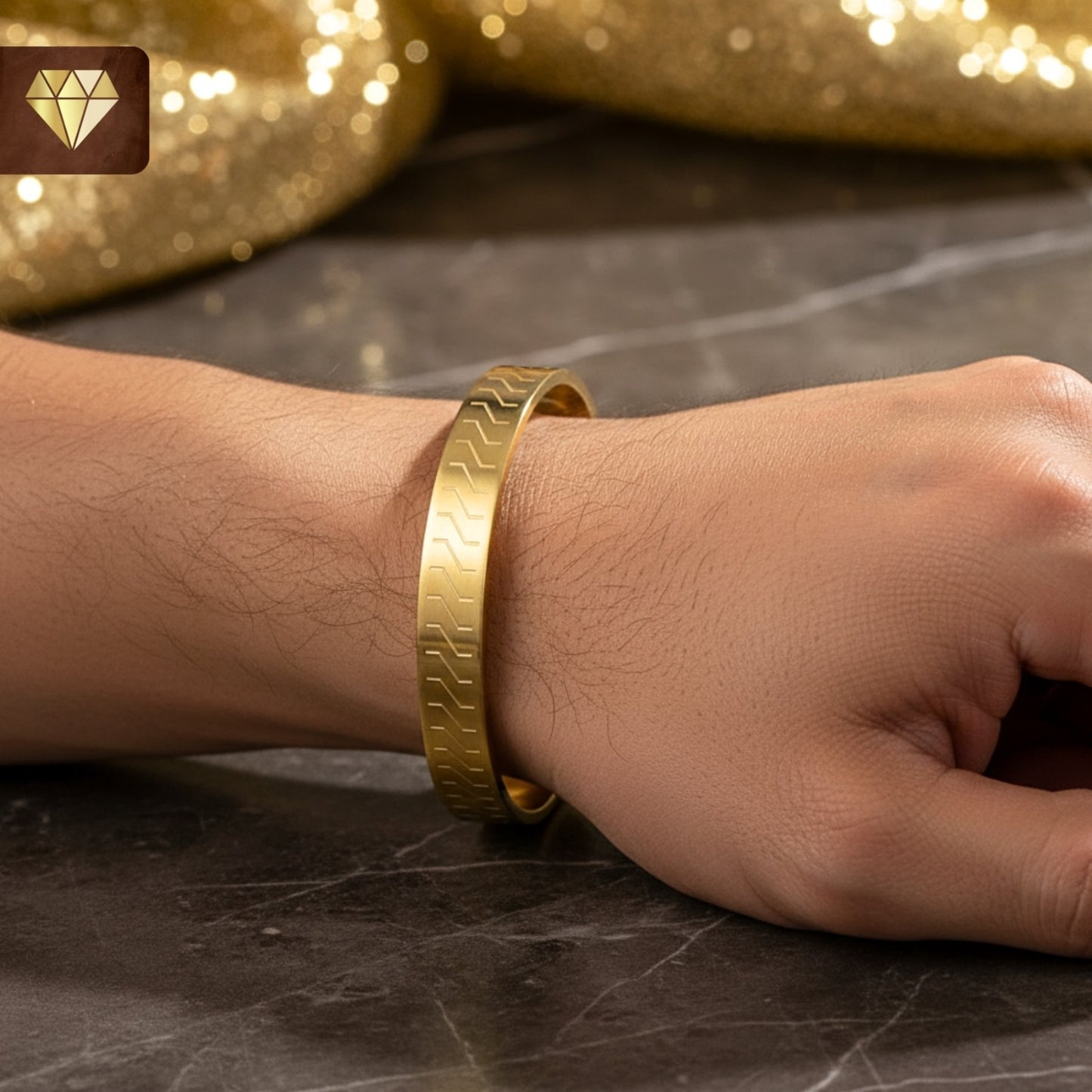 Geometric Engraved Gold Kada for Men – Modern Bracelet Kada