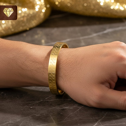 Geometric Engraved Gold Kada for Men – Modern Bracelet Kada