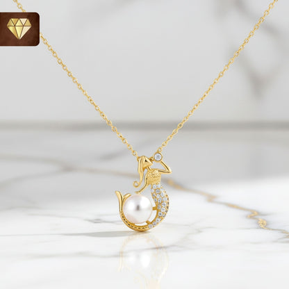 Mermaid Pendant Necklace with Pearl & CZ Stones – Ocean-Inspired