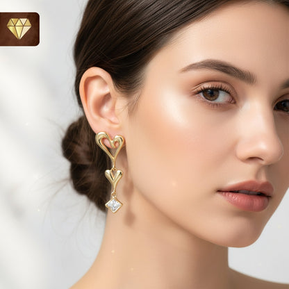 Gold-Plated Double Heart Drop Earrings – Romantic CZ Stone Dangle