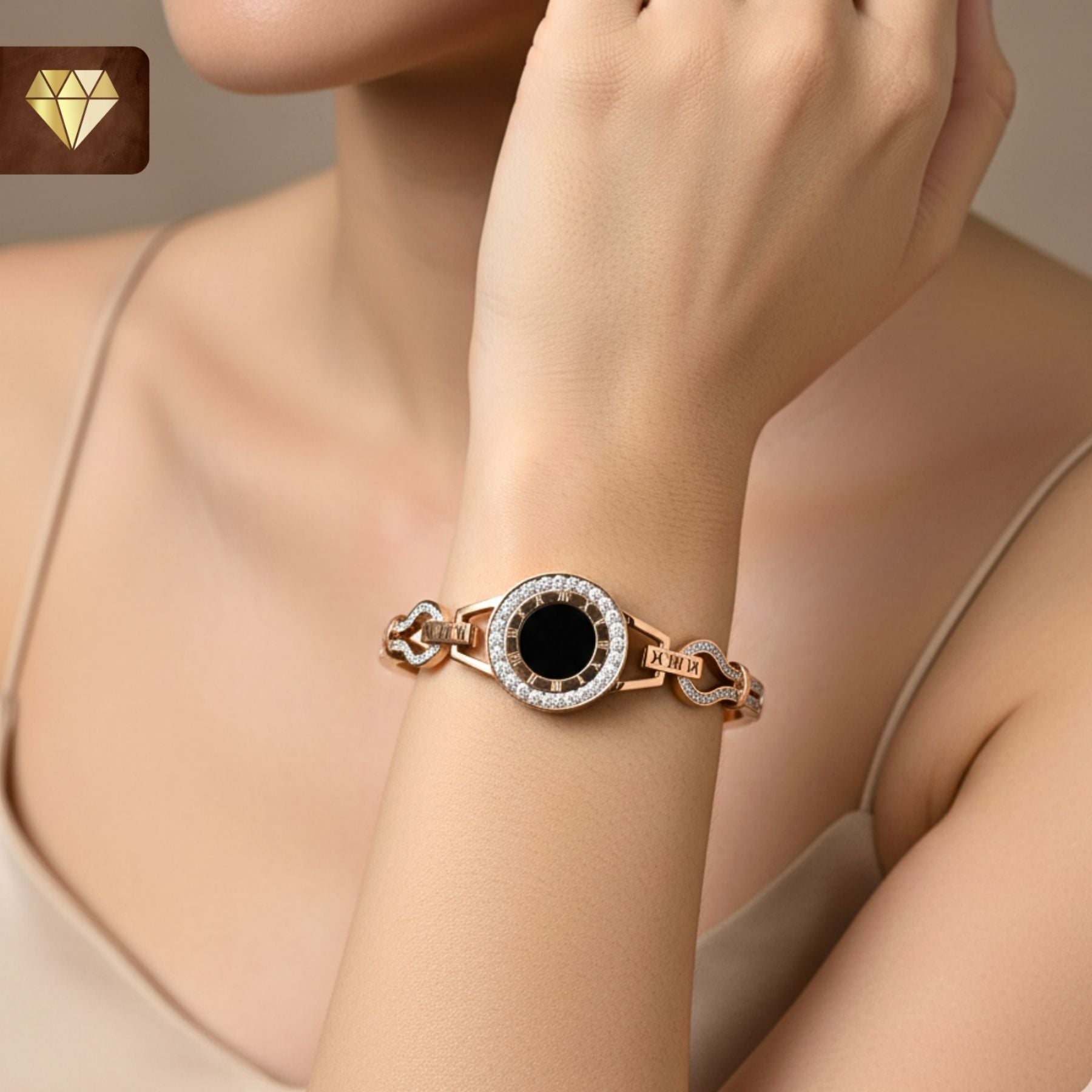 Rose Gold-Plated Kada Bracelet with Black Enamel Center & CZ Halo