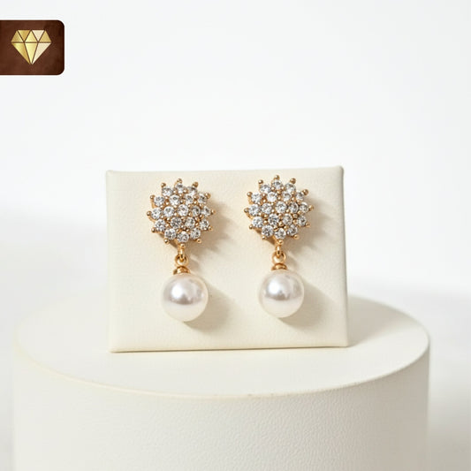 Floral Pearl Drop Sparkling Tiny AD Earrings – CZ Stone Cluster Studs