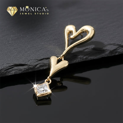 Gold-Plated Double Heart Drop Earrings – Romantic CZ Stone Dangle