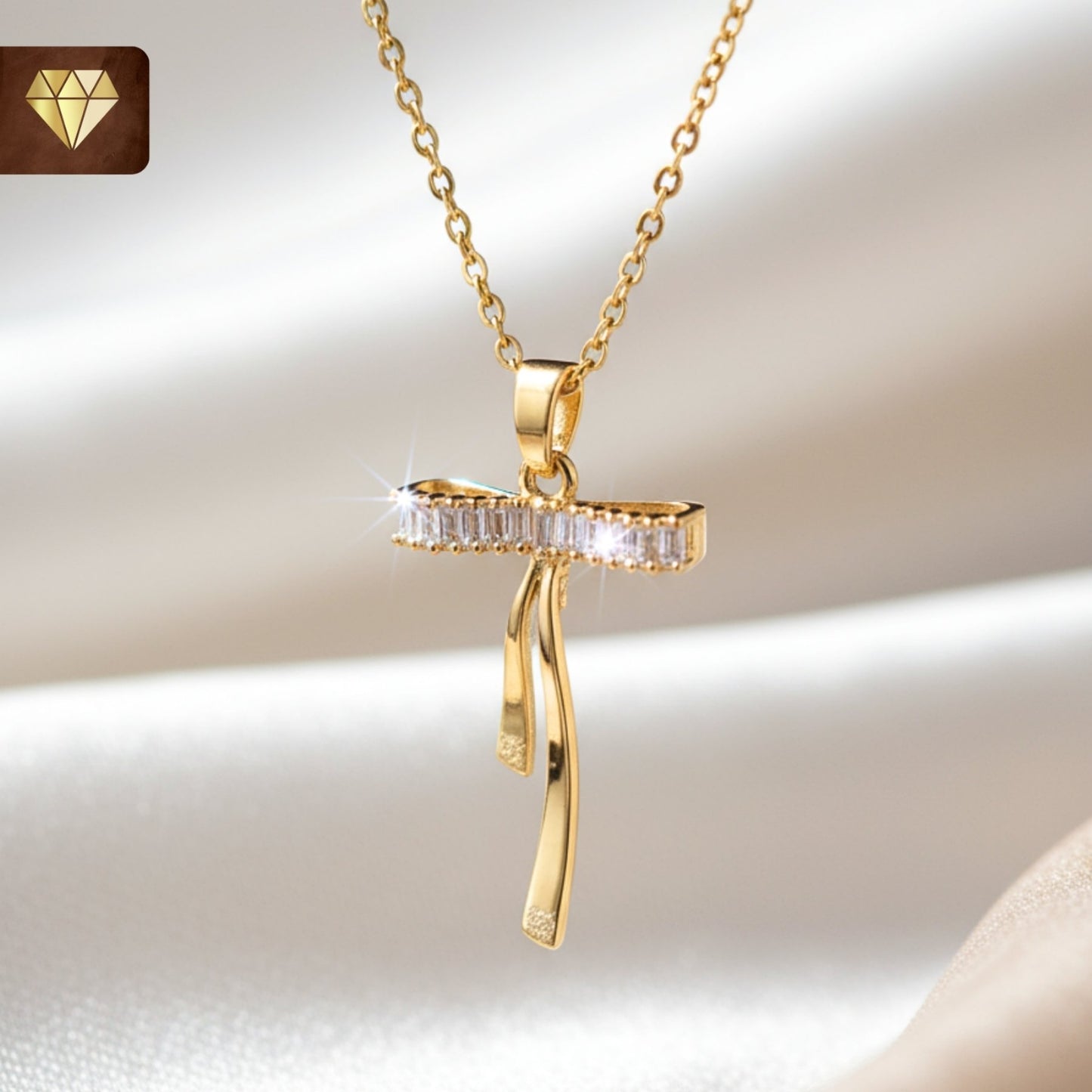 Gold-plated bow pendant necklace with AD (American Diamond) CZ stones for women