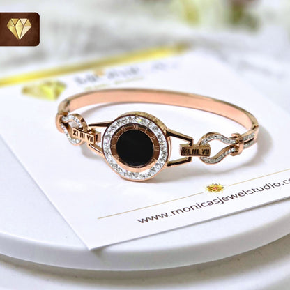 Rose Gold-Plated Kada Bracelet with Black Enamel Center & CZ Halo