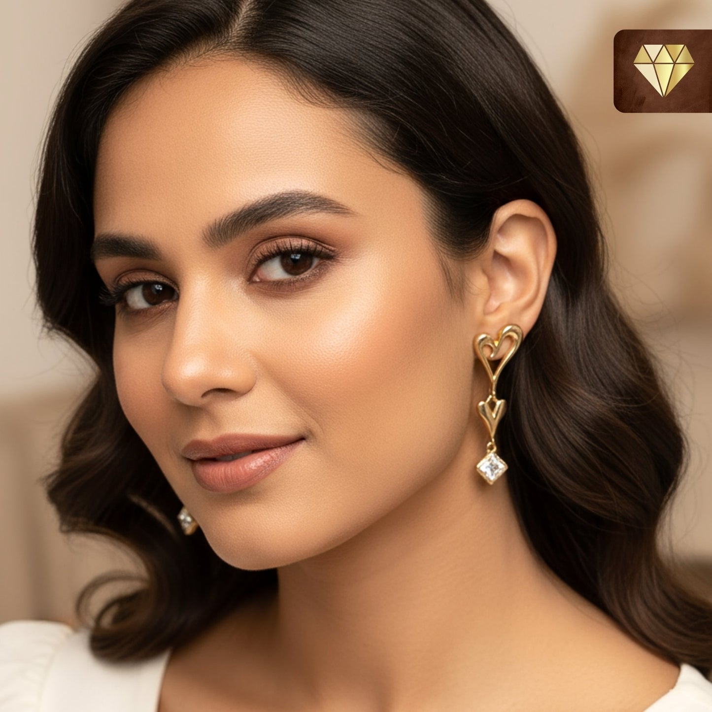 Gold-Plated Double Heart Drop Earrings – Romantic CZ Stone Dangle