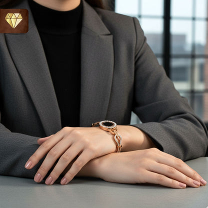 Rose Gold-Plated Kada Bracelet with Black Enamel Center & CZ Halo