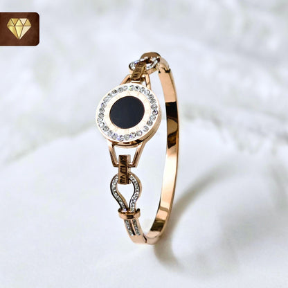 Rose Gold-Plated Kada Bracelet with Black Enamel Center & CZ Halo