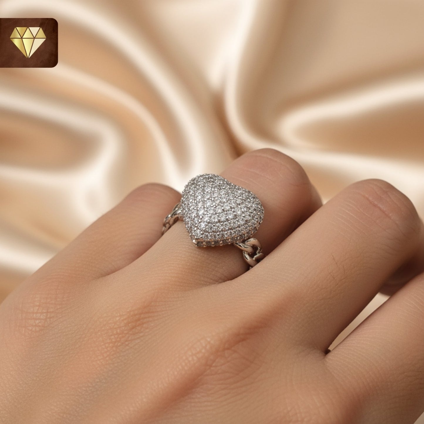 Heart Shape Finger Ring for Women | CZ Stone Chain Band Adjustable