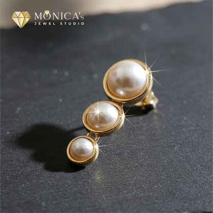 Triple Pearl Drop Earrings – Gold-Plated Elegant Studs