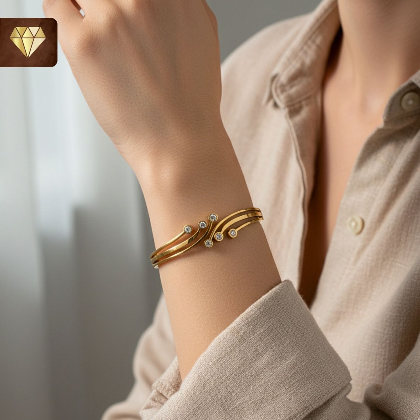 Artistic Gold-Plated Kada with CZ American Diamonds | Modern Minimalist