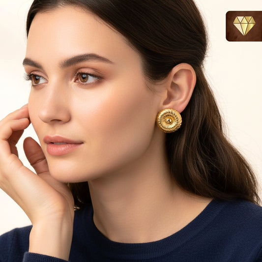 Gold Textured Round Stud Earrings – Vintage Spiral Design