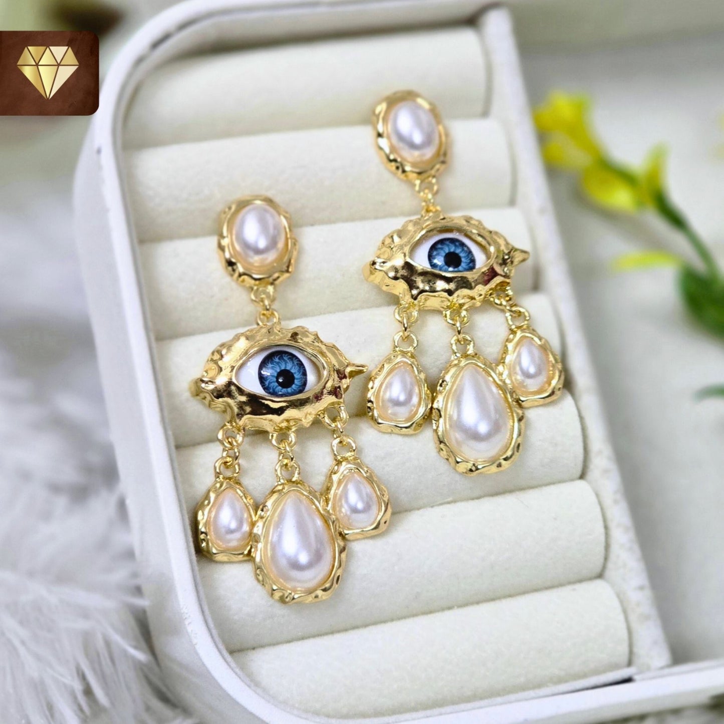 Evil Eye Statement Drop Earrings with Surreal Baroque Style Pearls