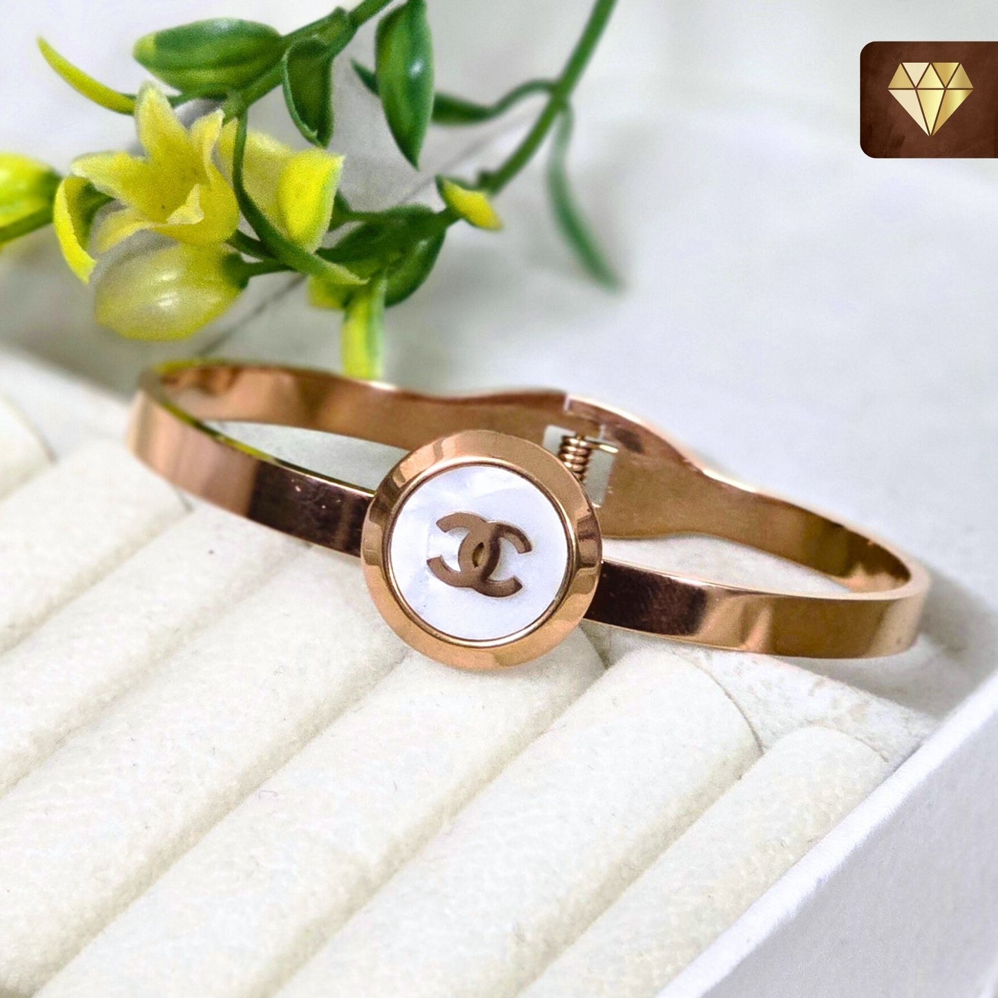 Rose Gold-Plated Minimalist Kada Bracelet with Enamel Round