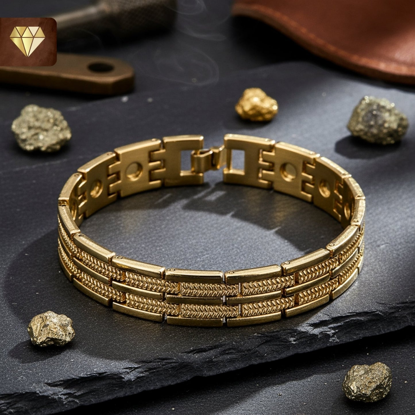 Men’s Gold Chain Bracelet with Engraved Texture – Premium Stainless Steel Link