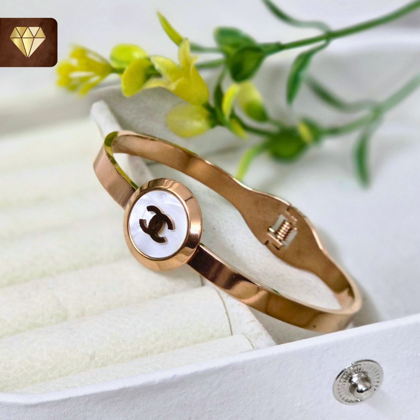 Rose Gold-Plated Minimalist Kada Bracelet with Enamel Round