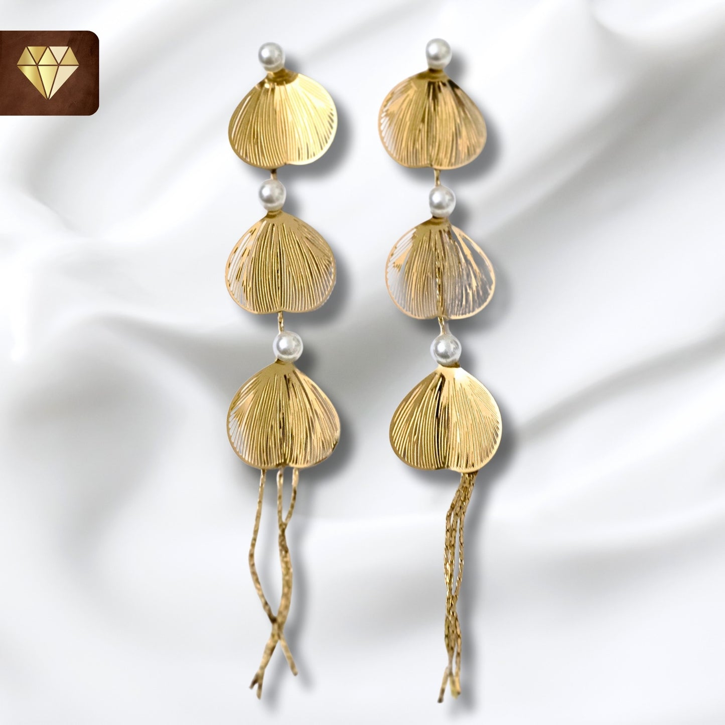 Fan Shell Pearl Gold Tassel Earrings - Nature Inspired Boho Chic