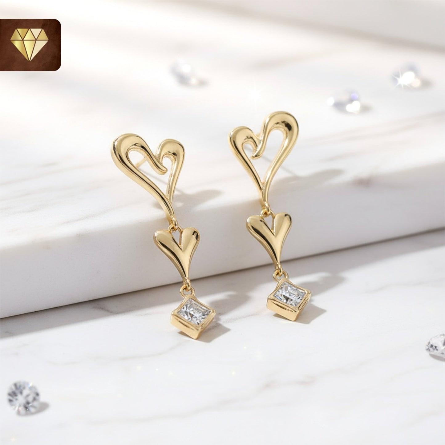Gold-plated double heart drop earrings with sparkling CZ stone – romantic dangle jewelry for women