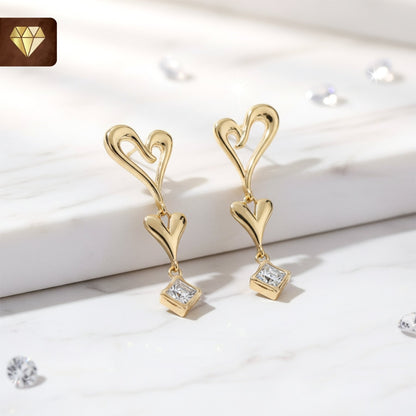Gold-plated double heart drop earrings with sparkling CZ stone – romantic dangle jewelry for women