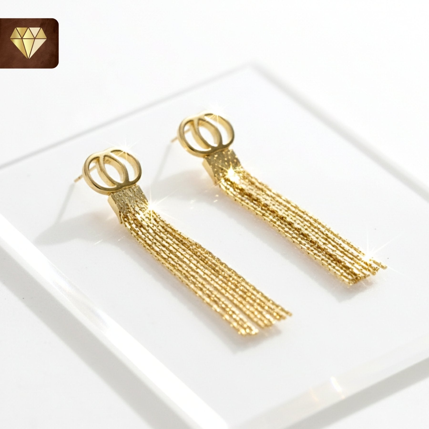 Gold-plated double ring tassel earrings with dangling chain design – statement party jewelry