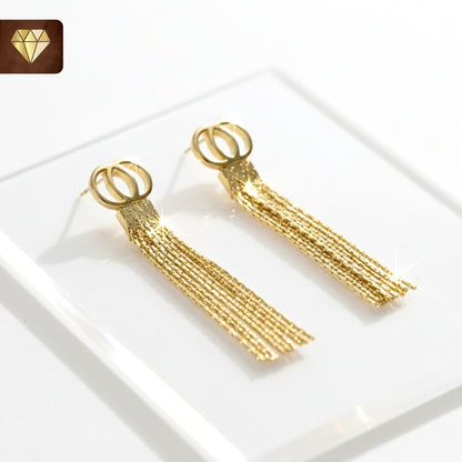 Gold-plated double ring tassel earrings with dangling chain design – statement party jewelry