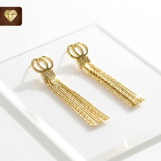 Gold-plated double ring tassel earrings with dangling chain design – statement party jewelry