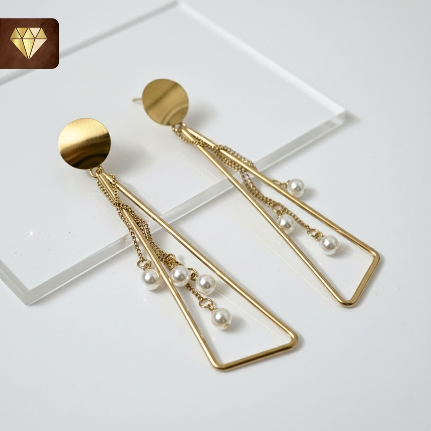 Gold-plated geometric drop earrings with pearl accents – modern minimalist design