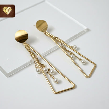 Gold-plated geometric drop earrings with pearl accents – modern minimalist design