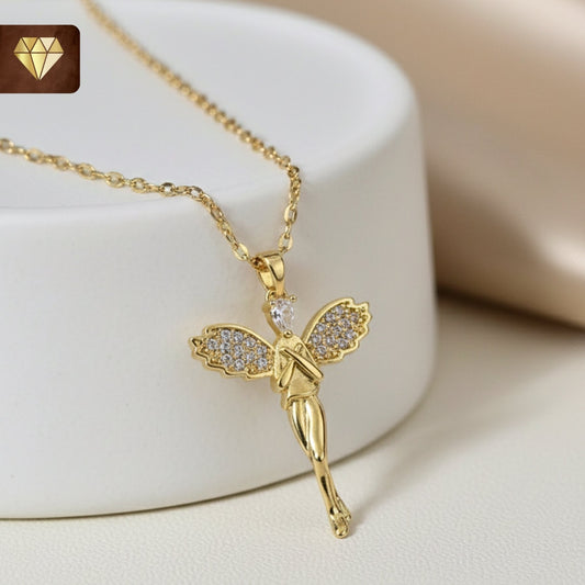 Gold-plated angel fairy pendant necklace with AD (American Diamond) CZ stones for women