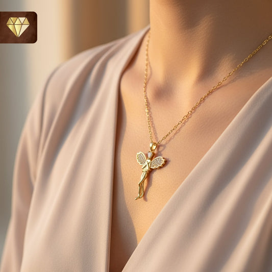 Gold-plated angel fairy pendant necklace with AD (American Diamond) CZ stones for women
