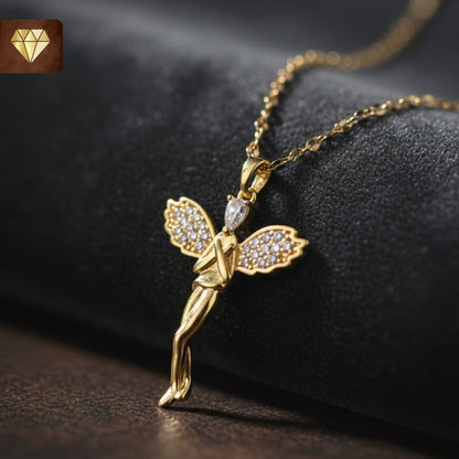 Gold-plated angel fairy pendant necklace with AD (American Diamond) CZ stones for women