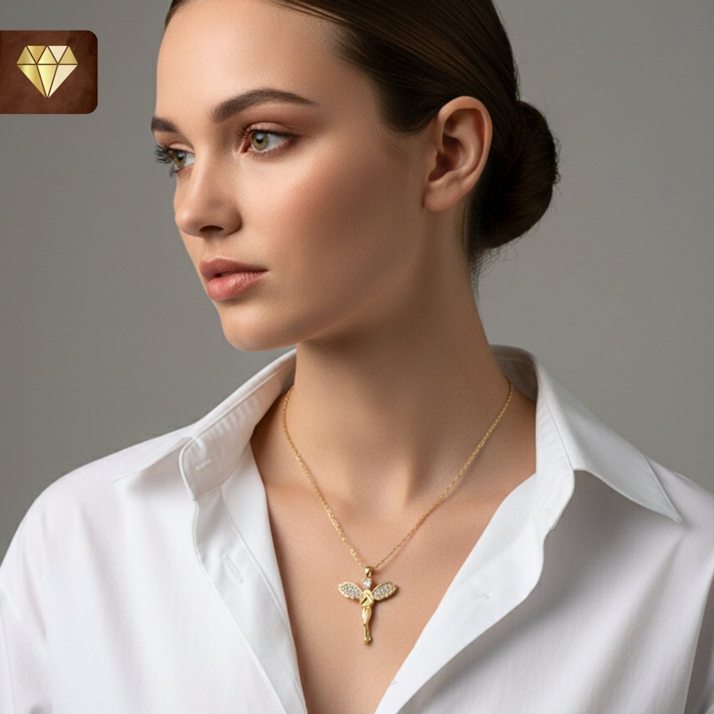 Gold-plated angel fairy pendant necklace with AD (American Diamond) CZ stones for women