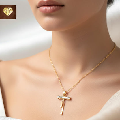 Gold-plated bow pendant necklace with AD (American Diamond) CZ stones for women