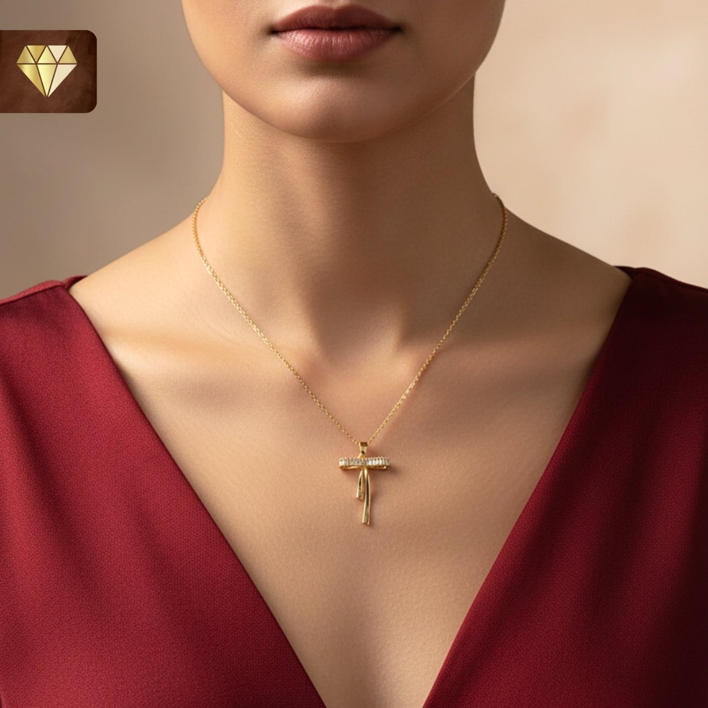 Gold-plated bow pendant necklace with AD (American Diamond) CZ stones for women