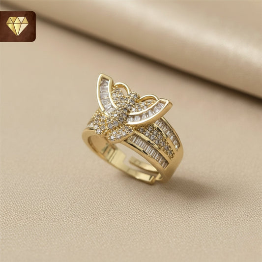 Gold-plated butterfly designer finger ring with baguette and pave AD (American Diamond) CZ stones for women