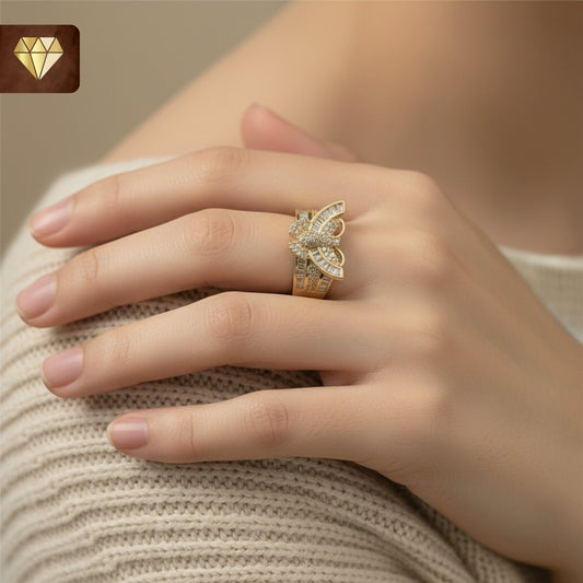 Gold-plated butterfly designer finger ring with baguette and pave AD (American Diamond) CZ stones for women